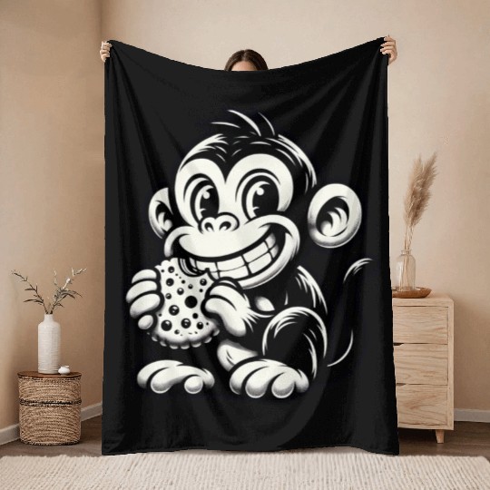 Chimpanzee with Cookie Monochrome Design Throw Blankets