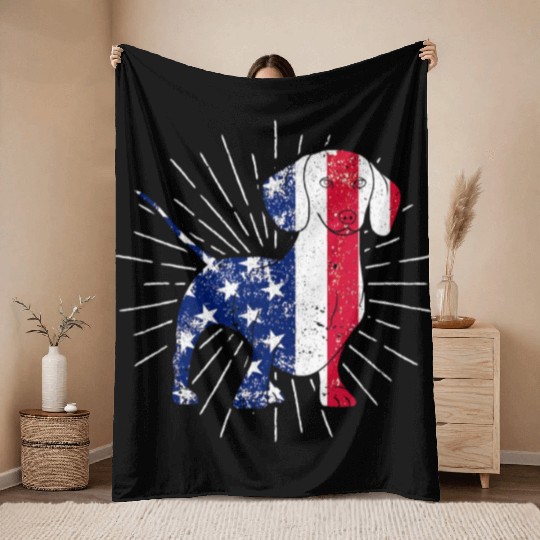 Dachshund 4th Of July US Flag Dog Lovers Patriotic Throw Blankets