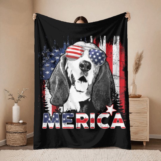 Basset Hound 4th Of July US Flag Merica Dog Lover Throw Blankets