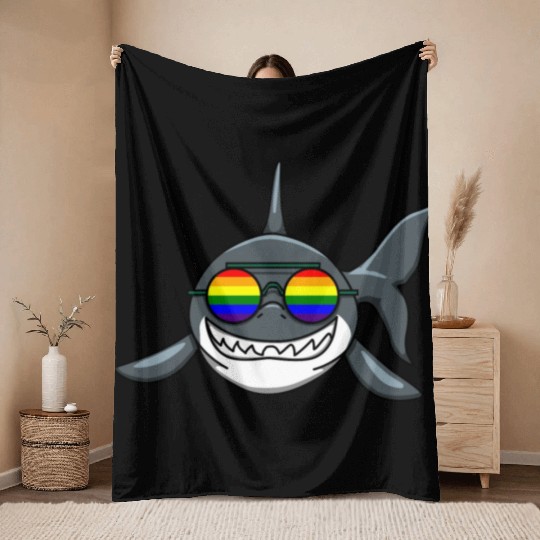 SMILING LGBTQ SHARK WITH RAINBOW GLASSES Throw Blankets