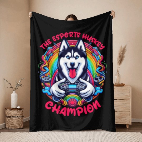 Power Play Pup - The Esports Husky Champion Throw Blankets