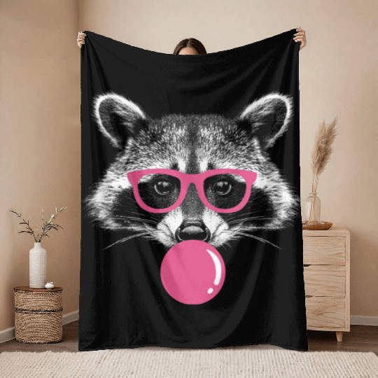 Raccoon Blows Bubblegum - Cute Bubblegum Raccoon Throw Blankets