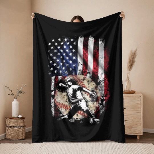 Patriotic American Flag Baseball Pitcher Throw Blankets