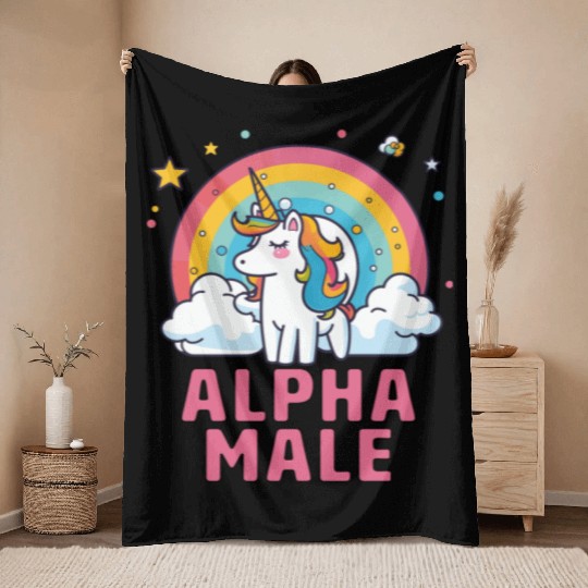 Alpha Male Unicorn Rainbow Throw Blankets