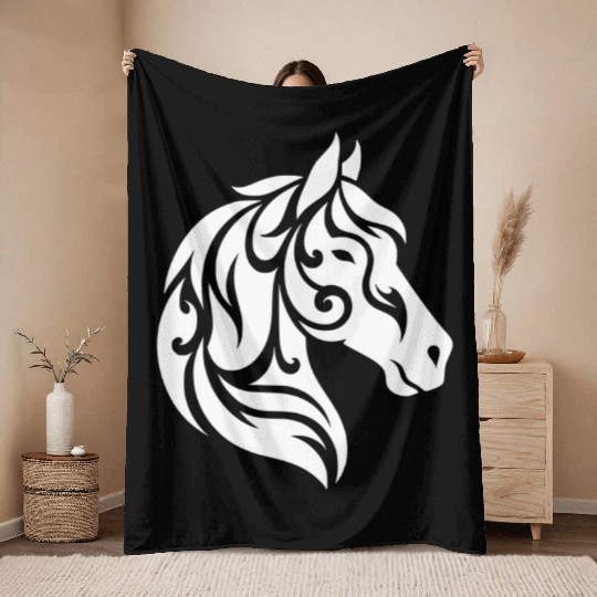 Tribal Horse Head Portrait Elegant Tattoo Throw Blankets