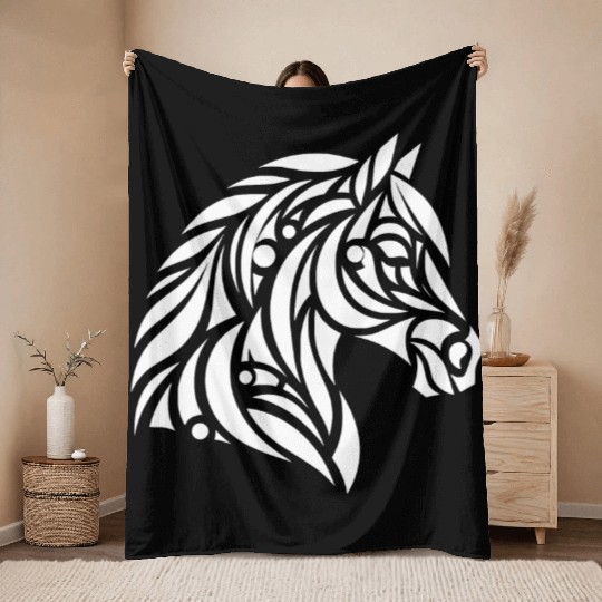 Elegant Tribal Horse Head Portrait Pony Tattoo Throw Blankets