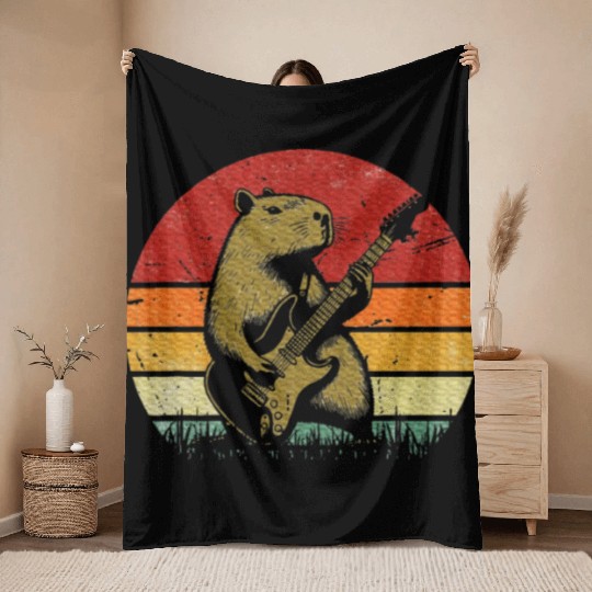Capybara Playing Guitar Capybara Rock Music Throw Blankets