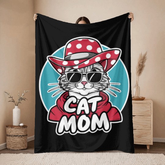 Cat Mom Funny cat with sunglasses, hat and clothes Throw Blankets