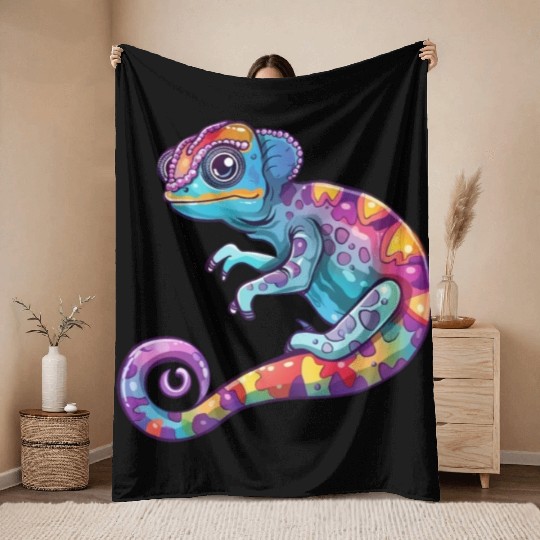 Colorful Chameleon Fantasy Creature Throw Blankets