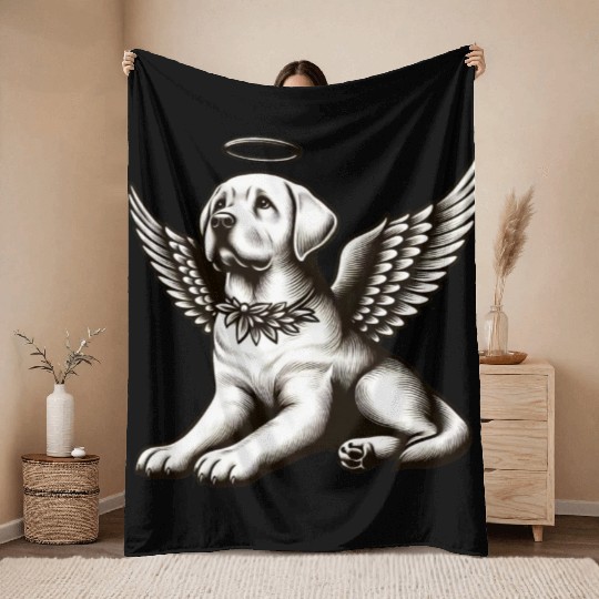 Labrador angel wings black white halo Throw Blankets