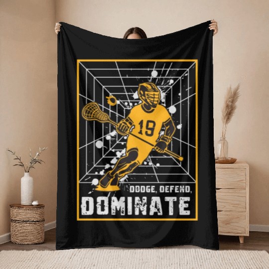Dodge, Defend, Dominate Lacrosse Gift Throw Blankets