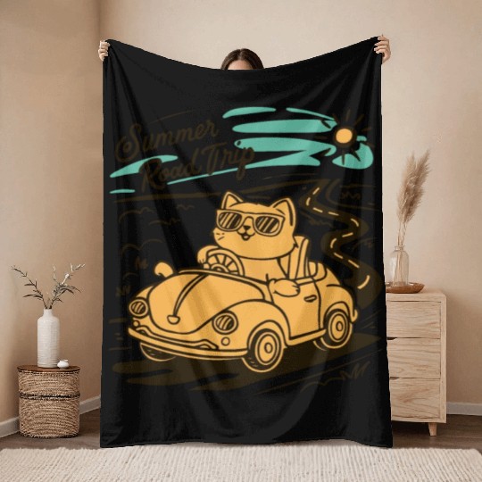 Summer Road Trip Vacation Cat lover Gift Throw Blankets
