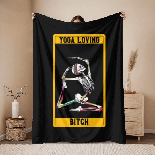 Funny Tarot Card Design Yoga Loving Skeleton Throw Blankets