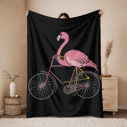 Flamingo Riding A Bicycle Throw Blankets