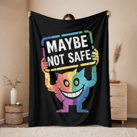 Creepy Rainbow Creature With Maybe Not Safe Sign Throw Blankets