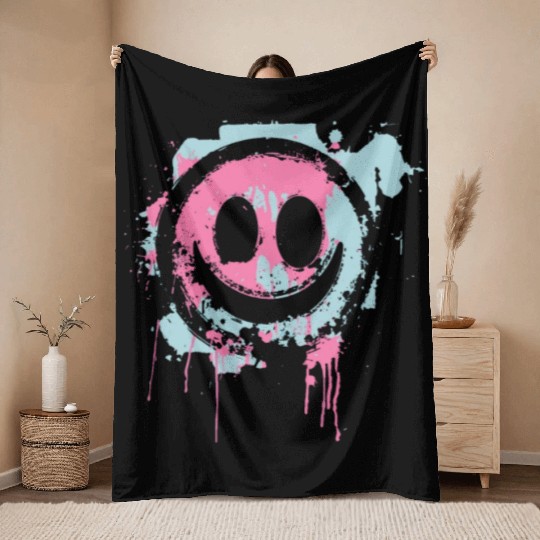 Graffiti Smiley Face - Urban Street Art Throw Blankets