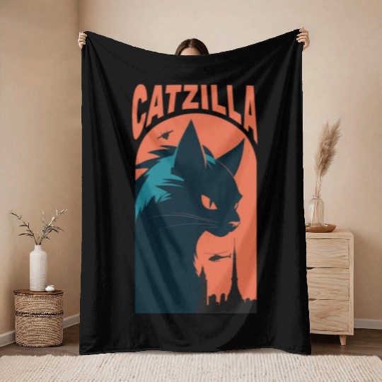 Catzilla king of Cat monster Throw Blankets