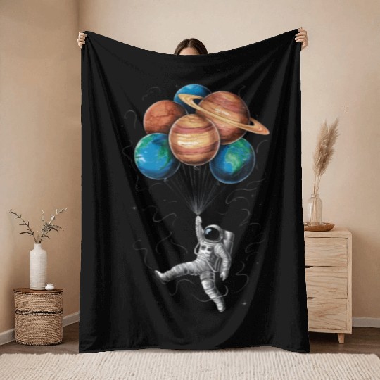Astronaut Floating with Planets Balloons in Space Throw Blankets