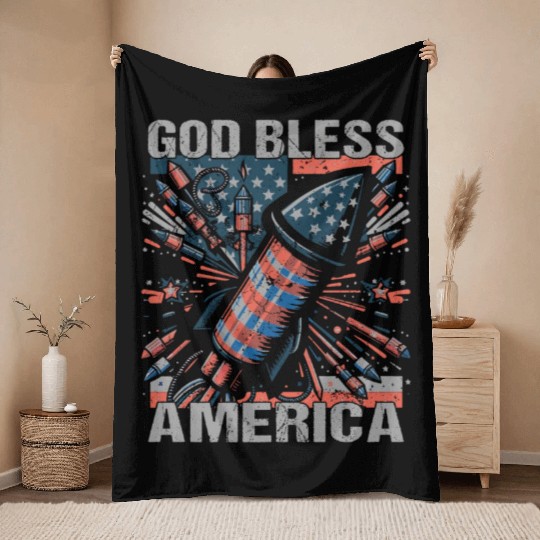 God Bless America Retro US Flag Funny Fireworks Throw Blankets