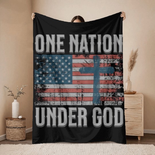 One Nation Under God Retro US Flag Christian Cross Throw Blankets