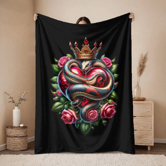 Royal Snake and Roses Heart Throw Blankets