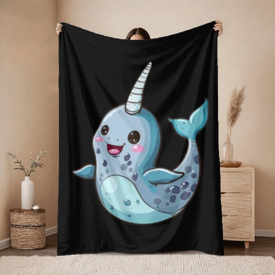 Adorable Narwhal Cartoon Enchantment Throw Blankets
