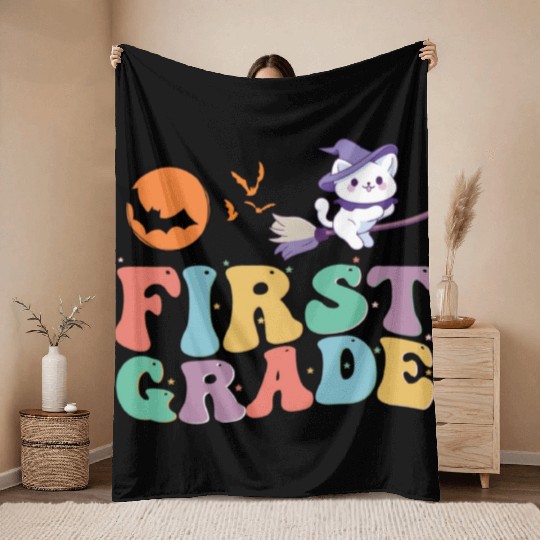 1st Grade teacher Kindergarten with cute witch cat Throw Blankets