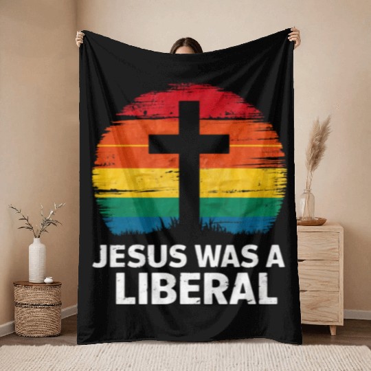 Jesus Was A Liberal Retro Sunset Progressive Throw Blankets