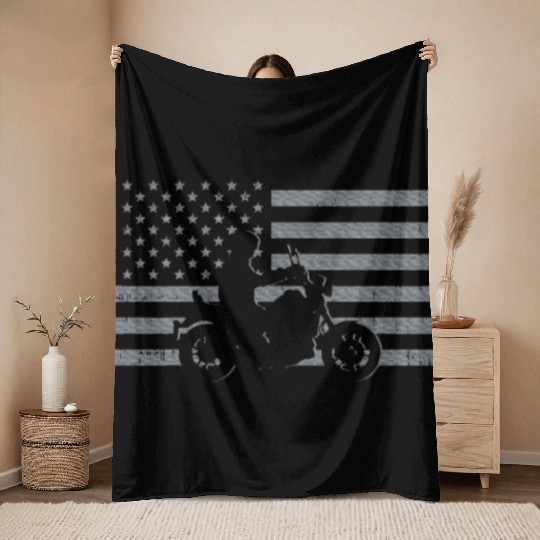Motorcycle US Flag Biker Motorbike Teen Youth Throw Blankets