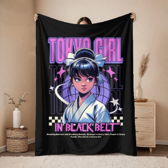 anime tokyo girl in black belt Throw Blankets