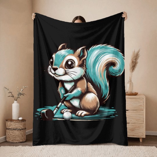 Cute cartoon squirrel playing golf Throw Blankets