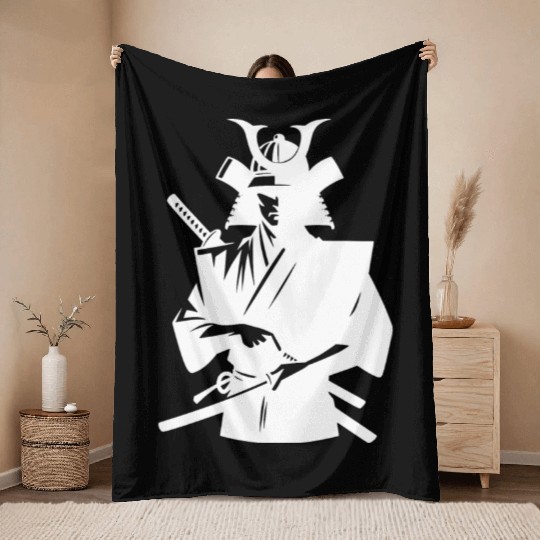 Japanese Samurai With Sword Throw Blankets