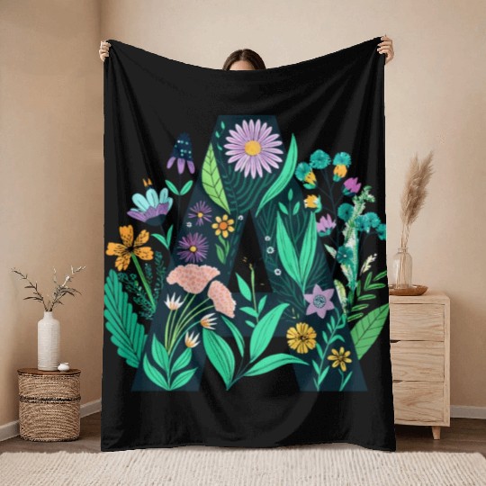 Green 'A' with Pastel Flowers Throw Blankets