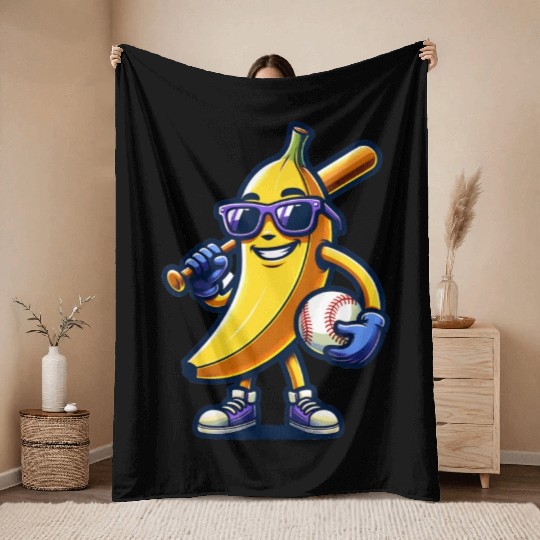 Banana Playing Baseball Fruit Lover Baseball Playe Throw Blankets