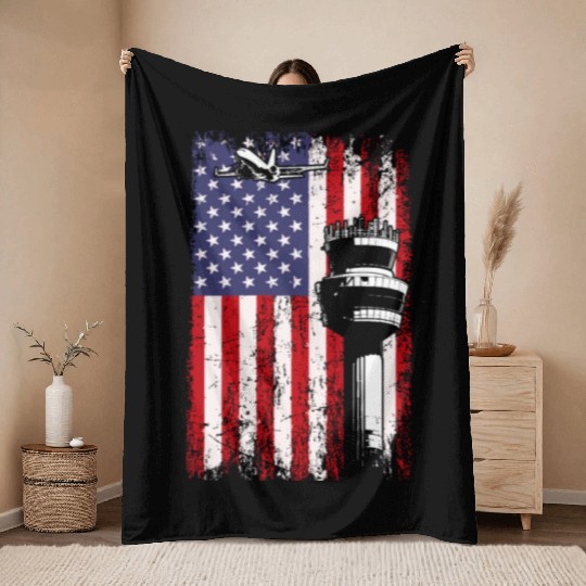 American Flag US, air traffic controller Throw Blankets