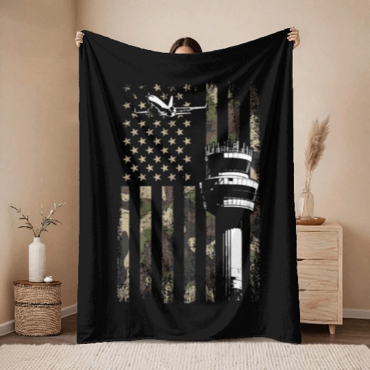American Flag US, air traffic controller Throw Blankets