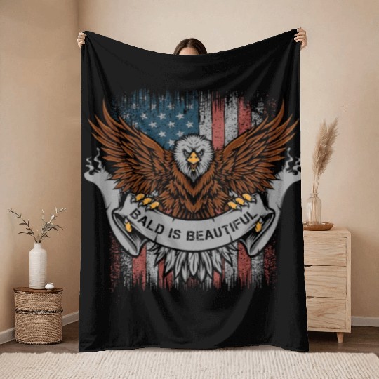 Bald Is Beautiful US Flag 4th Of July Funny Eagle Throw Blankets