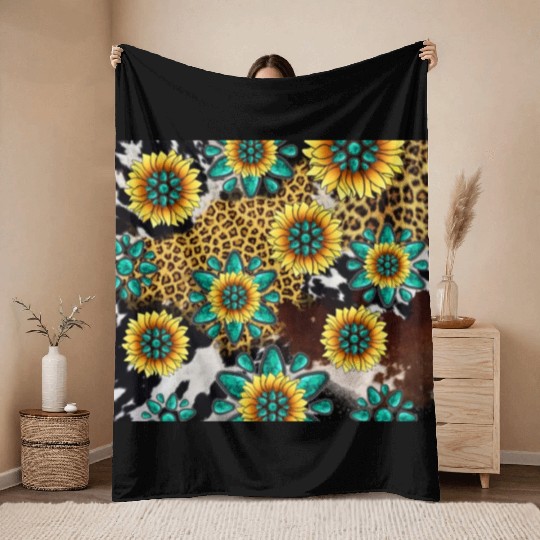 Turquoise Gemstone Sunflowers Leopard Cowhide Throw Blankets