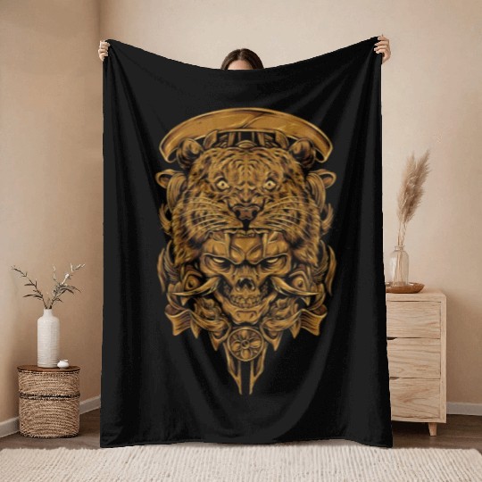 Golden Angry Tiger Tora Skull Tattoo Throw Blankets