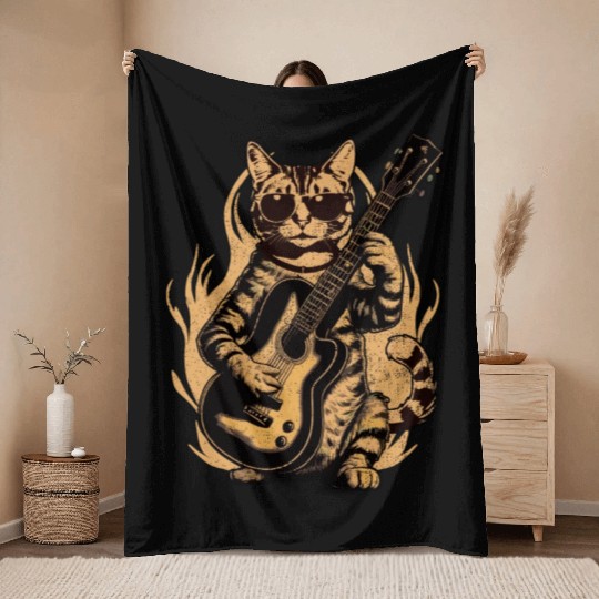 Metal Cat Plays Acoustic Guitar Rock Cute Throw Blankets