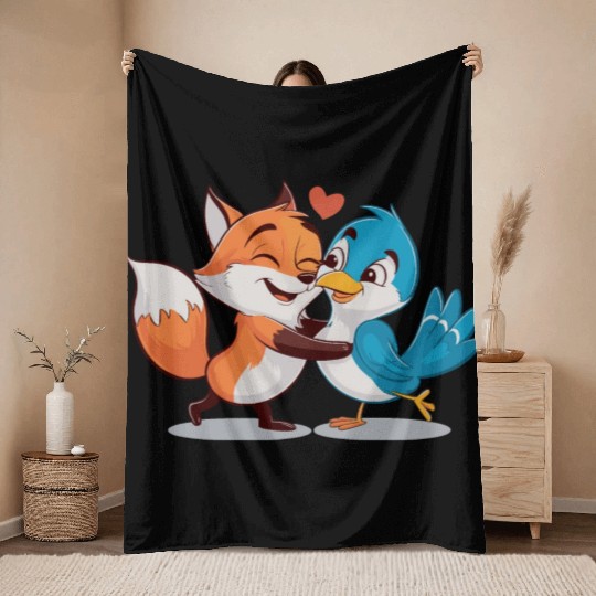Cute Fox and Bird Love Throw Blankets