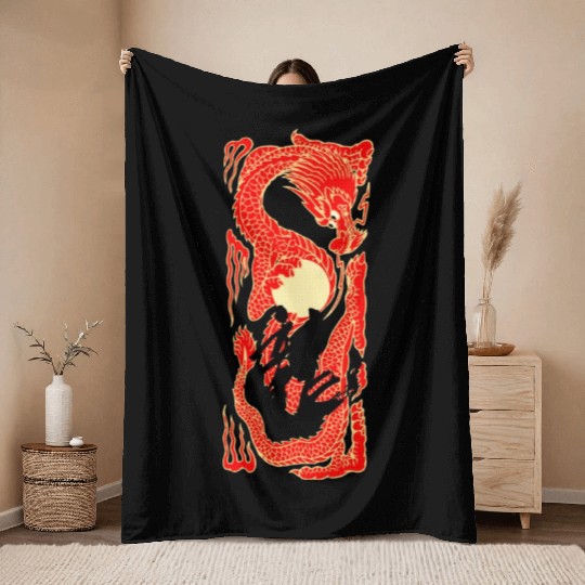Japanese Dragon Sunset Tattoo Throw Blankets