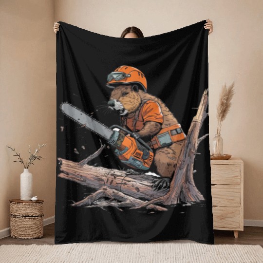 Beaver Lumberjack Chainsaw Throw Blankets