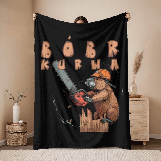 Beaver Lumberjack Chainsaw Throw Blankets