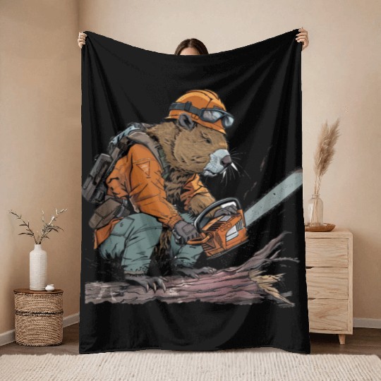Beaver Lumberjack Chainsaw Throw Blankets