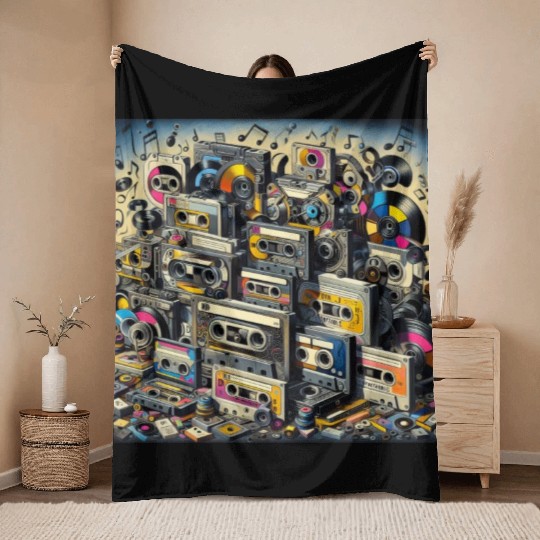 Vinyl and Cassette: A Musical Vortex Throw Blankets