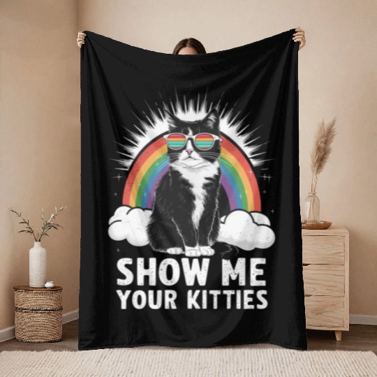 Show Me Your Kitties Funny Lesbian Gay Pride LGBT Throw Blankets
