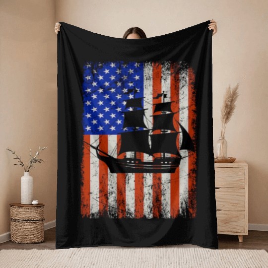 Stars, Stripes & Pirate Ship American Flag Throw Blankets