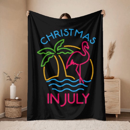Christmas In July Pink Flamingo Throw Blankets