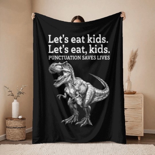 Punctuation Saves Lives Dinosaur Throw Blankets